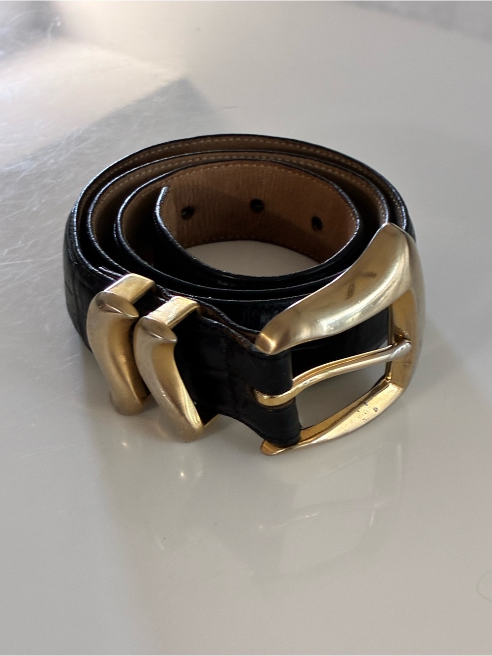 Nordstrom 1994 Black Embossed Crocodile Style Classic Leather Belt w/Gold Buckle